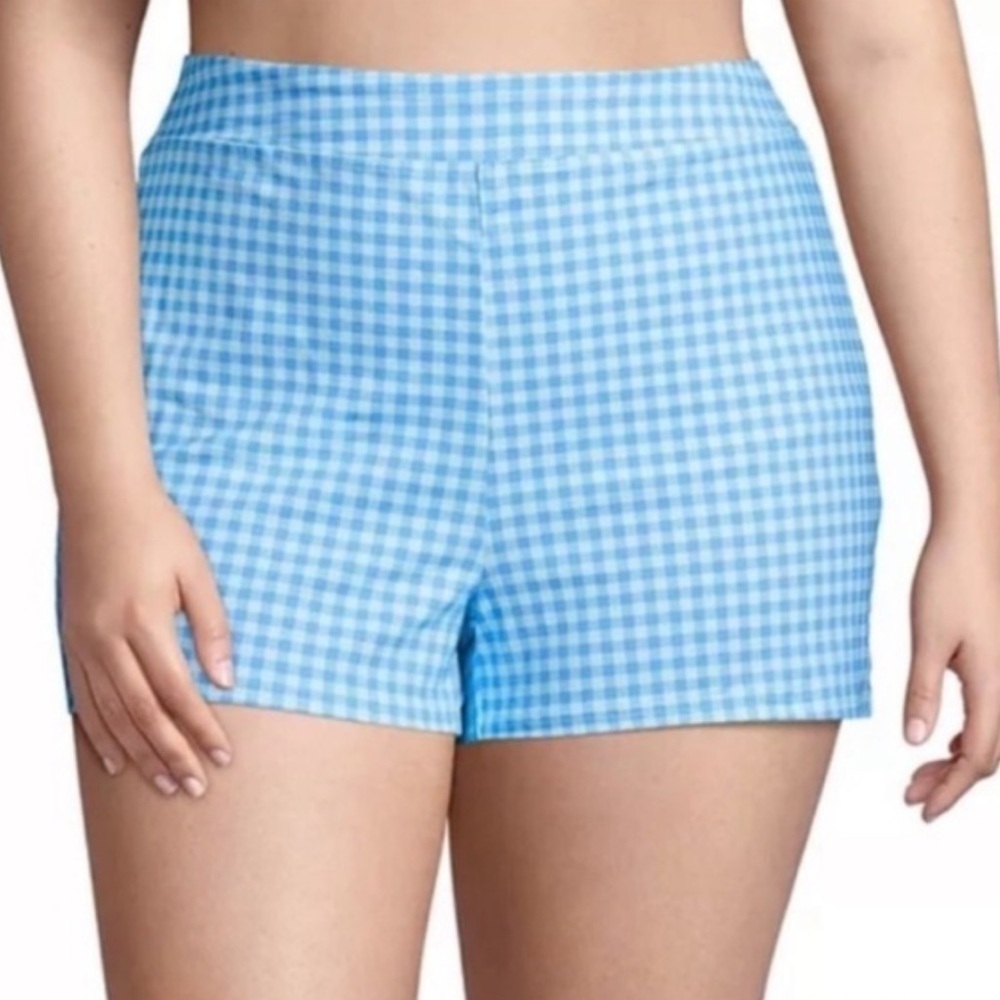 Lands End Gingham High Rise Slimming Swim Shorts Blue